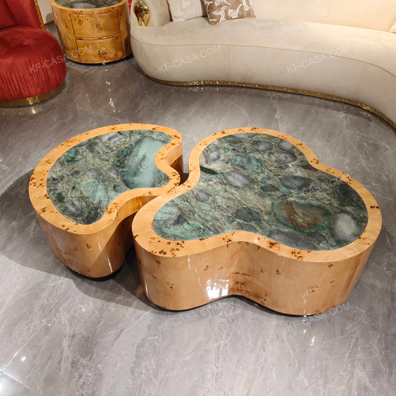Organic Nesting Coffee Table Set with Natural Burl Veneer and Green Marble Tops